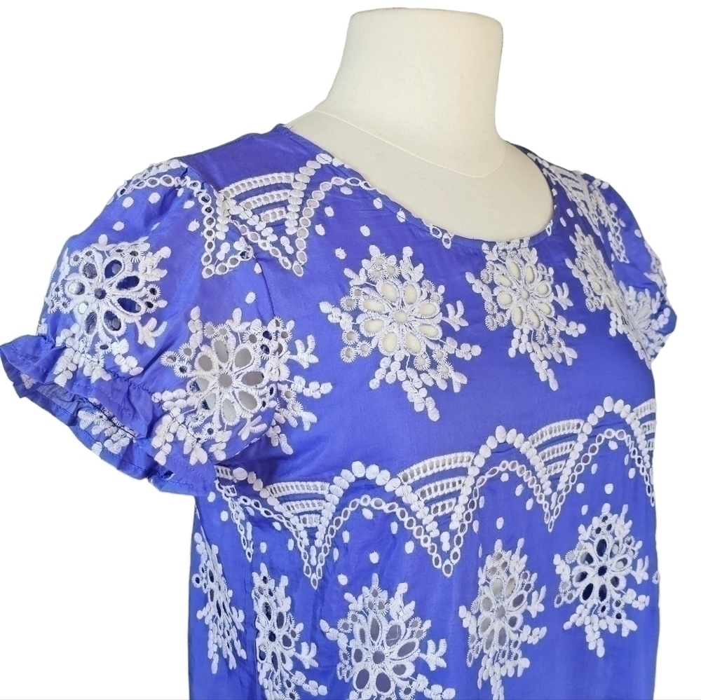 Witchery Silk Puff Sleeve Eyelet Purple Blue Top Size 10 - Picture 5 of 14